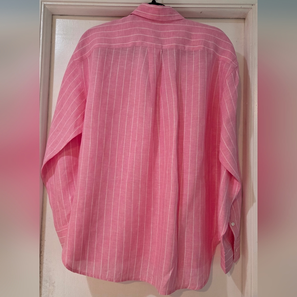 Women's J. McLaughlin Britt Linen Pink With White Pin Stripes Blouse, Size L - Picture 8 of 13